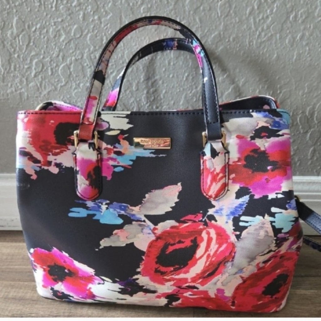 Kate Spade Floral Print Tote - Black With Pink & Red Accents
